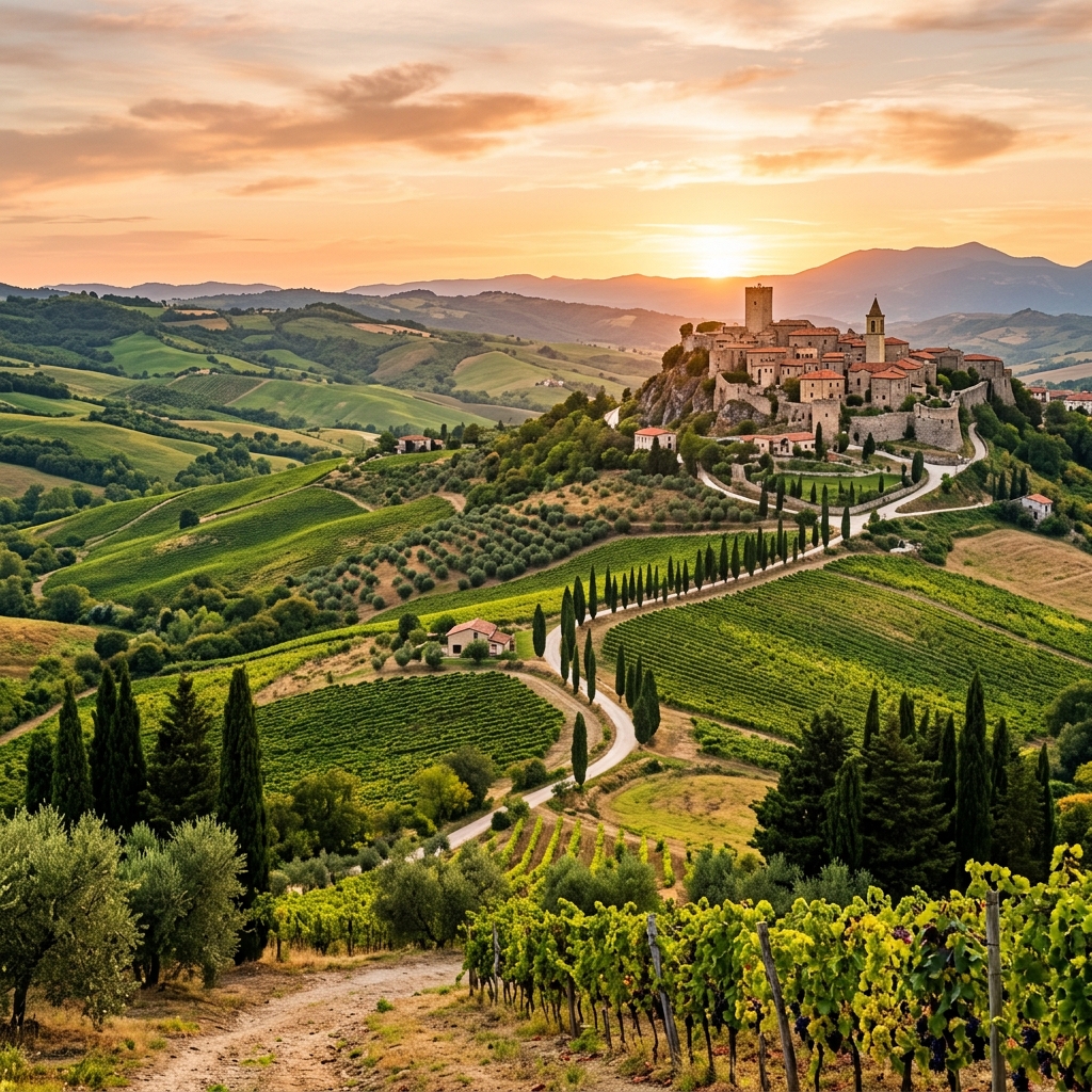 Vacanze in Irpinia — paesaggio con colline, borghi e vigneti al tramonto