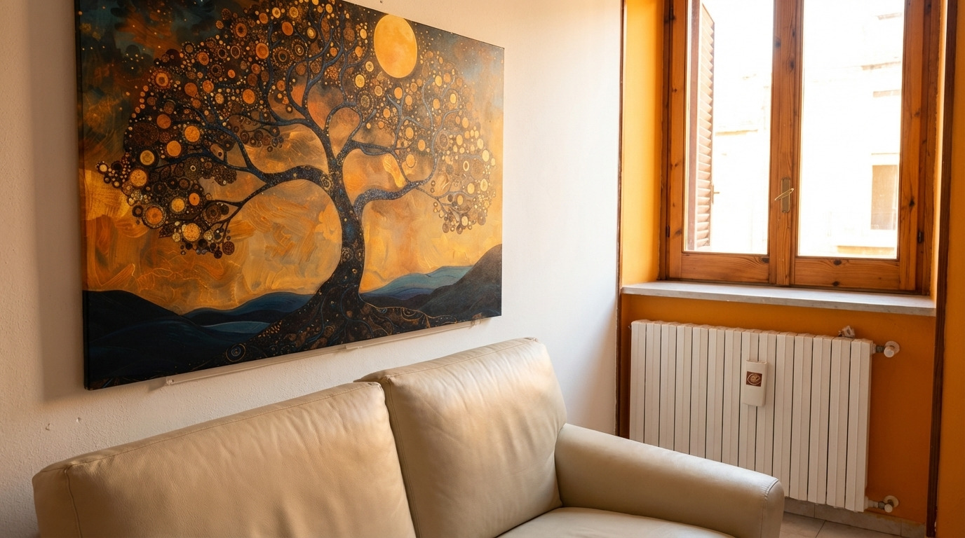 Zona living La Dimora del Partenio — divano in pelle e quadro artistico